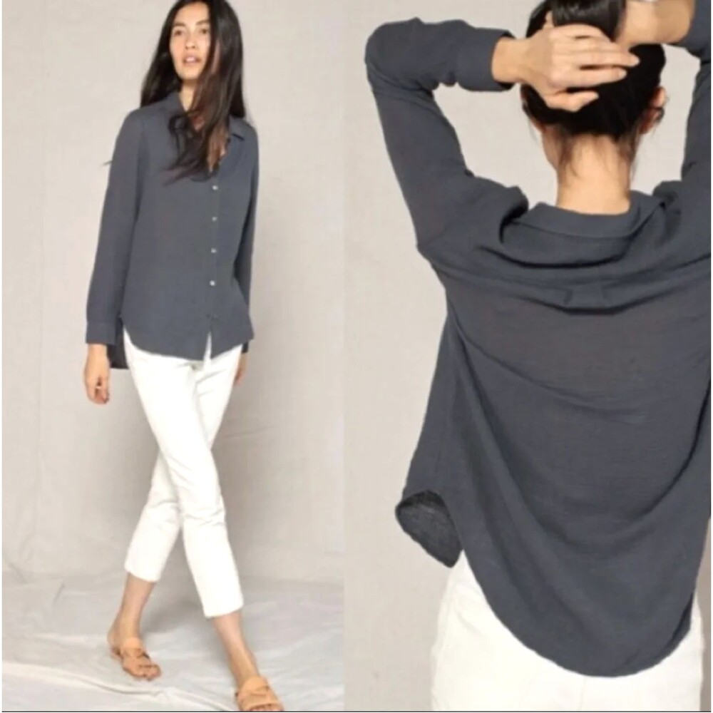 Outerknown Costa Organic Cotton Crinkle Gauze Button Down Shirt Womens L Gray